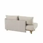 Ein hellbeiges, modernes Sofa mit Holzbeinen und geripptem Stoff an der Rückenlehne. Das Sofa verfügt über zwei große Rückenkissen und hat ein minimalistisches, modernes Design. Das Bild ist von hinten auf einem weißen Hintergrund aufgenommen.